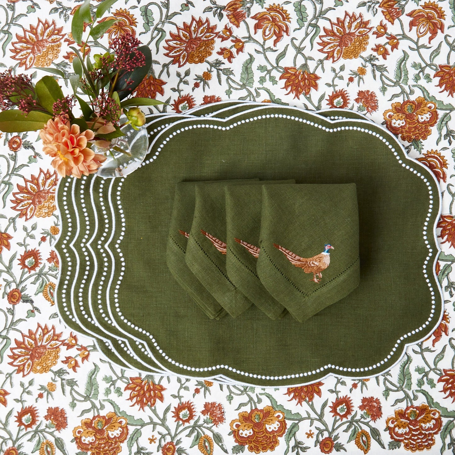 Forest Green Pheasant Linen Napkins (Set of 4)