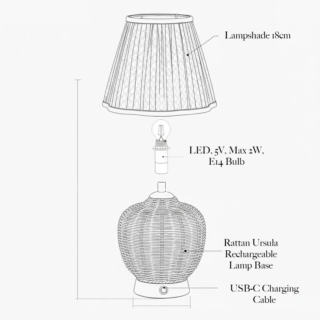 Rattan Ursula Rechargeable Lamp with Pink Lotus Shade (18cm)