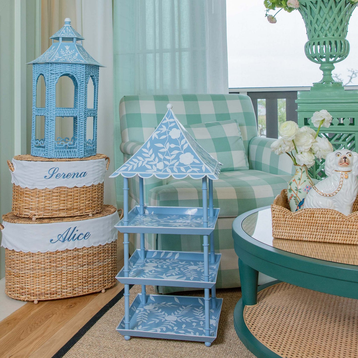 Blue Rattan & Tole Two Tier Pagoda Stand