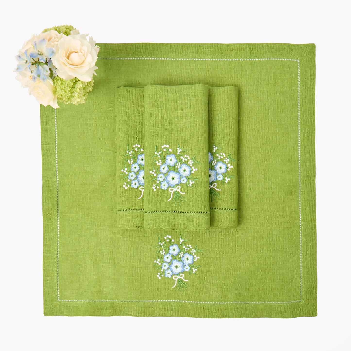 Green Eloise Linen Placemats & Floral Embroidered Napkins (Set of 4)