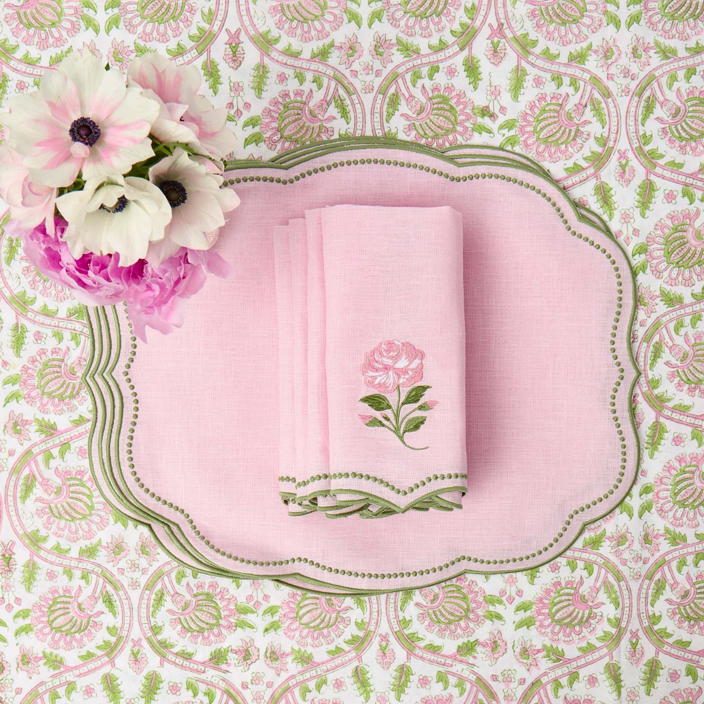 Pink & Green Eloise Linen Placemats & Rose Bud Napkins (Set of 4)