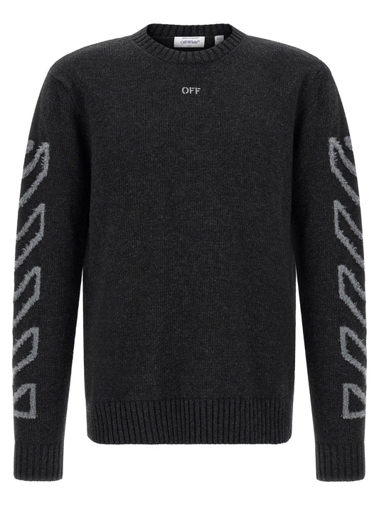 Off-White Diagonal Arrow Wool Crew Neck Sweater — Gray