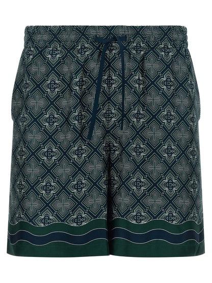 Casablanca Monogram-Print Silk Bermuda Shorts — Navy