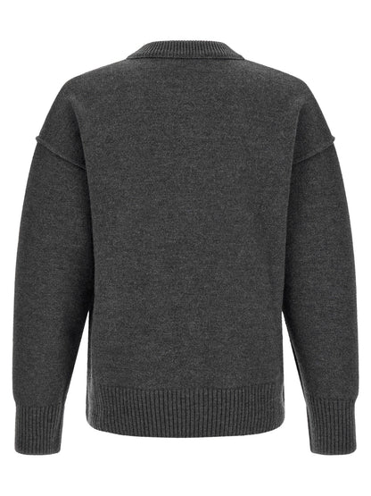 AMI Paris Wool Crewneck with Logo Intarsia Sweater — Gray