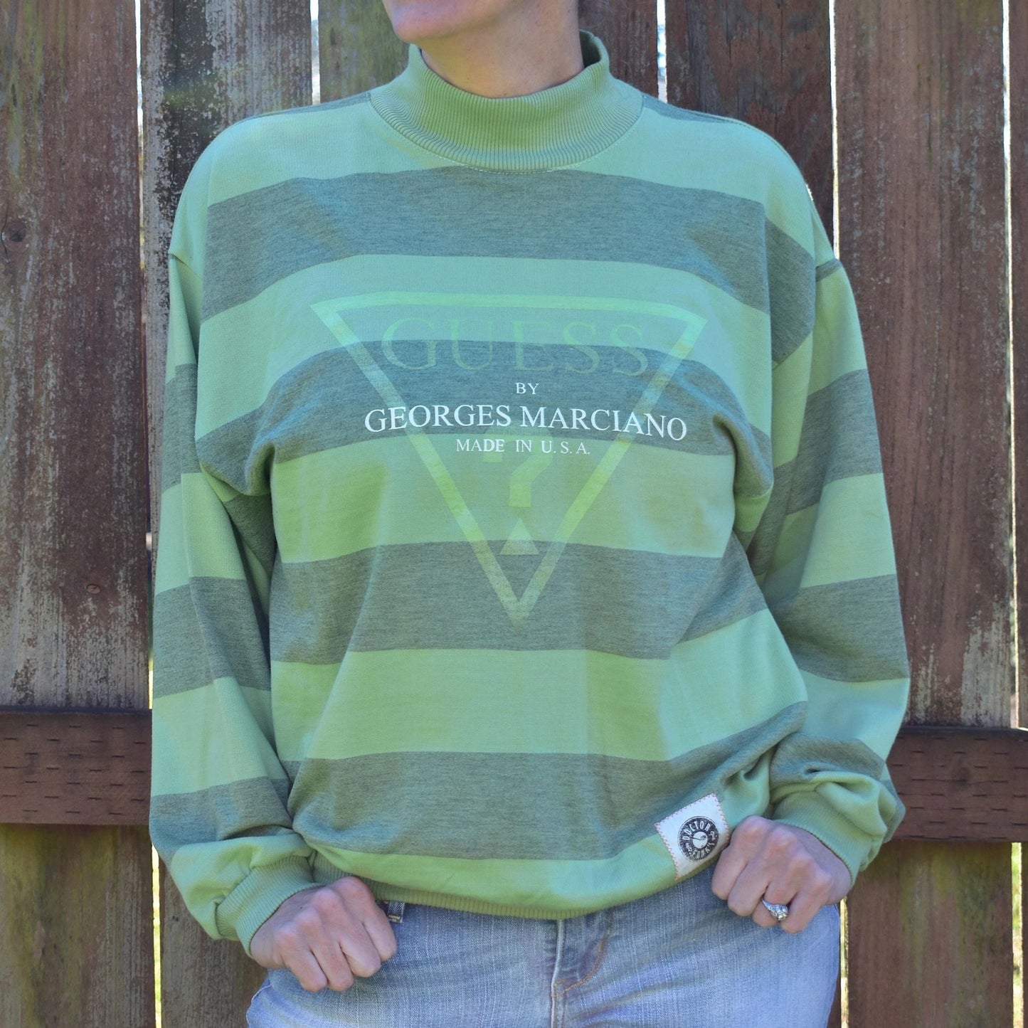 Guess Jeans Inspired 90s Bootleg Striped Crew Sweatshirt Glow-In-Dark NEW