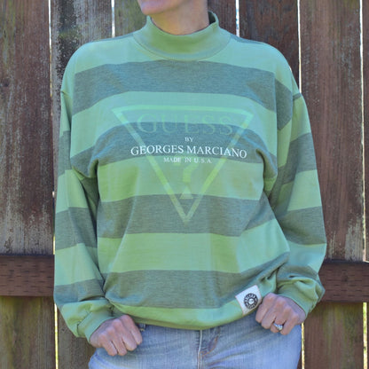 Guess Jeans Inspired 90s Bootleg Striped Crew Sweatshirt Glow-In-Dark NEW