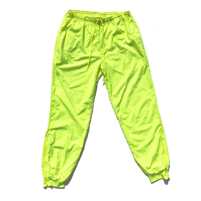 90's Neon Volt Matte-Nylon Cuffed Windbreaker Pants, Size Large