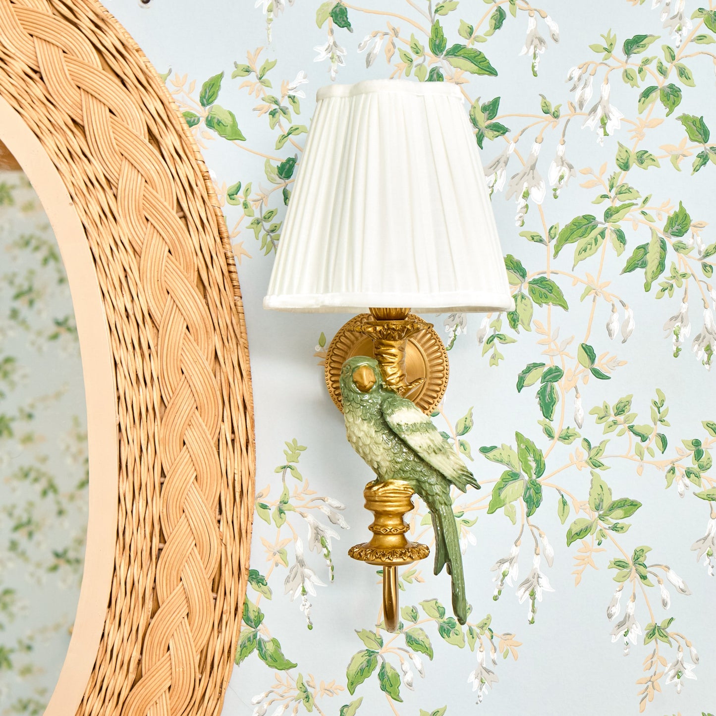 Pair of Olive Parrot Rechargeable Wall Lights with Cream Pleated Shades (18cm)