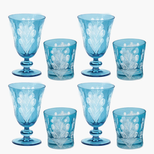 Blue Fern Engraved Glassware (Set of 8)
