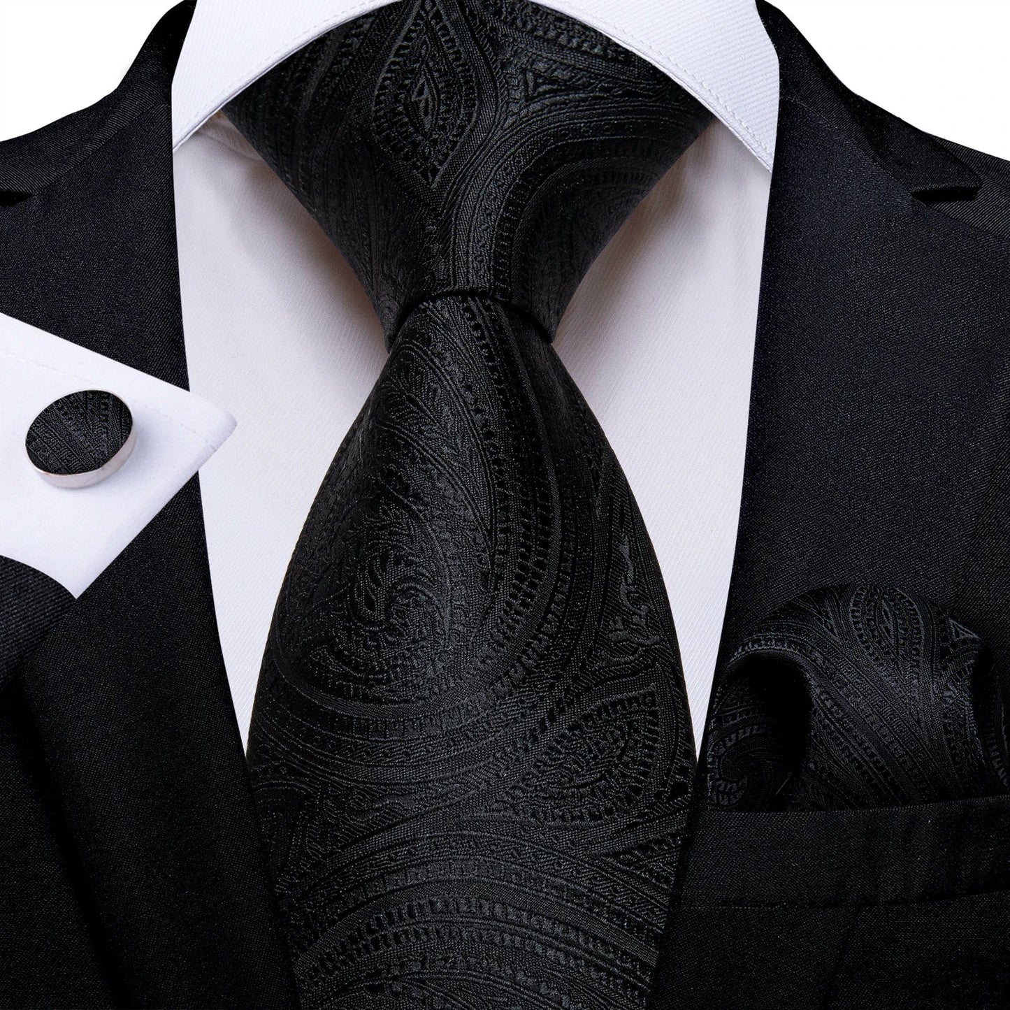 Men's Black Ties Handkerchief Cufflinks Business Formal Floral Striped Solid 8cm Necktie Gift for Husband Wedding Accessories