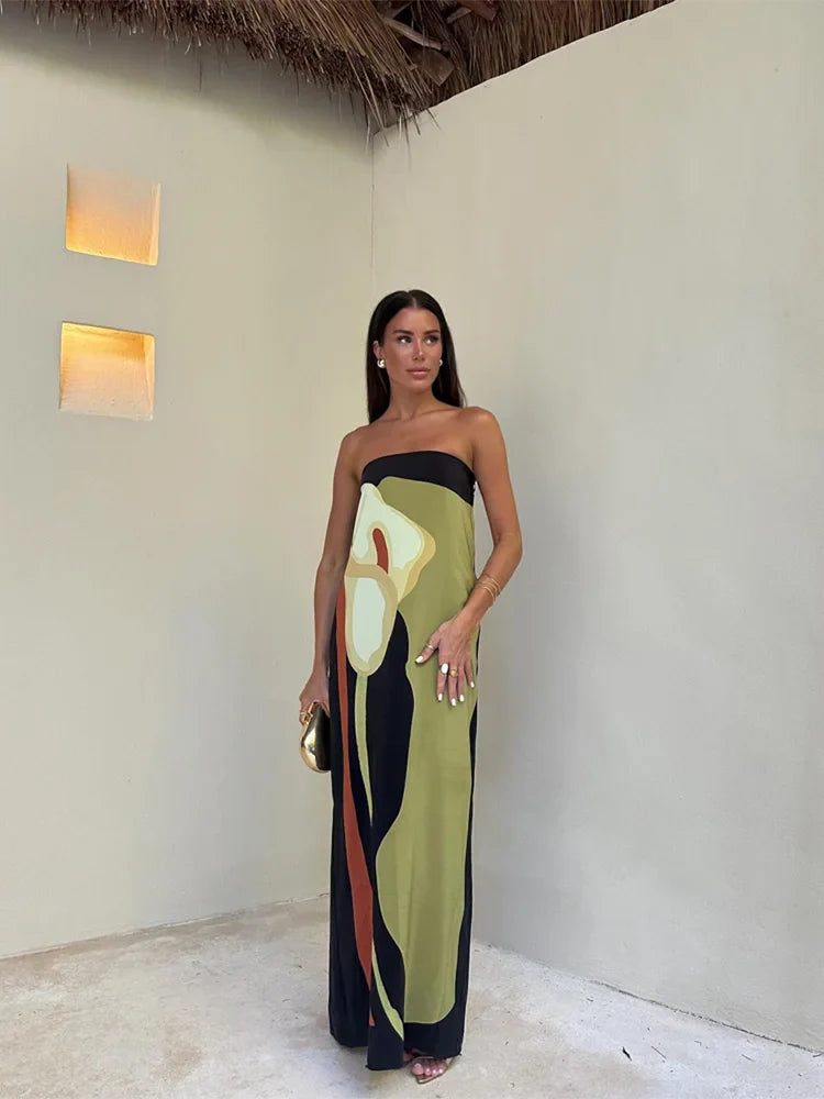 Sexy Strapless Backless Printed Long Dress Women Fashion Sleeveless Off Shoulder Vestidos 2024 Summer Lady Party Evening Robes