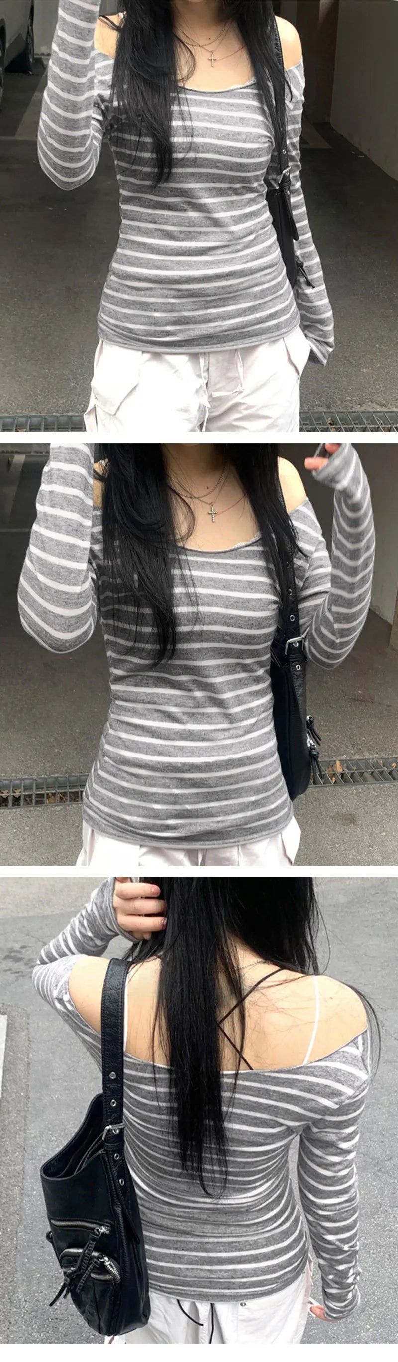 Spring Fall Women's New Japanese Basic Models Slim Long-Sleeved Striped t-Shirt Strapless Korean Street Style y2k Thin Tops