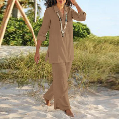 Spring Autumn Plus Size Women's Solid Color Chinese Style Retro Pants Set Cotton Linen Casual Long Sleeved Loose Cotton Set