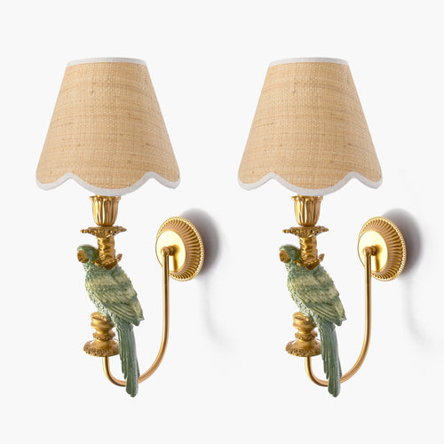 Pair of Olive Parrot Rechargeable Wall Lights with Grasscloth Shades (18cm)