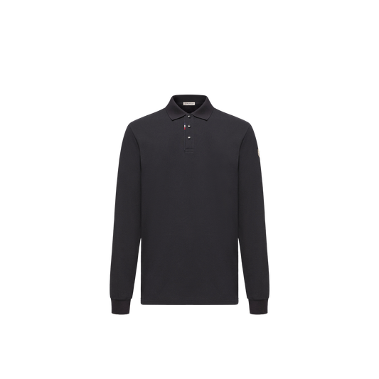 Moncler Piqué Cotton Long-Sleeve Polo — Blue