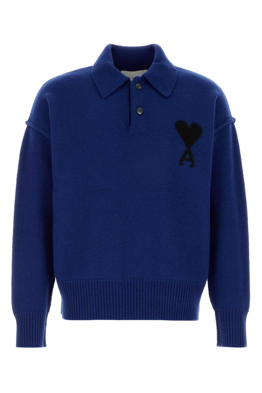 AMI Paris Heart-Embroidered Virgin Wool Polo Sweater — Blue