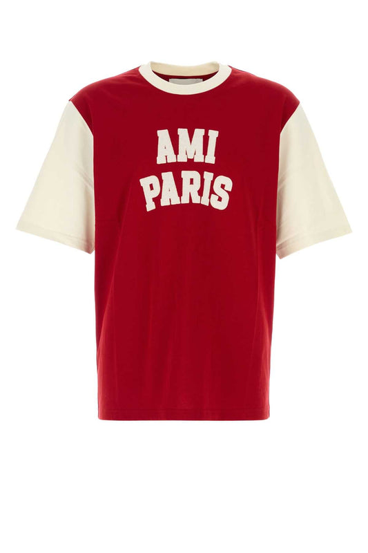 AMI Paris Logo-Embroidered T-Shirt — Red