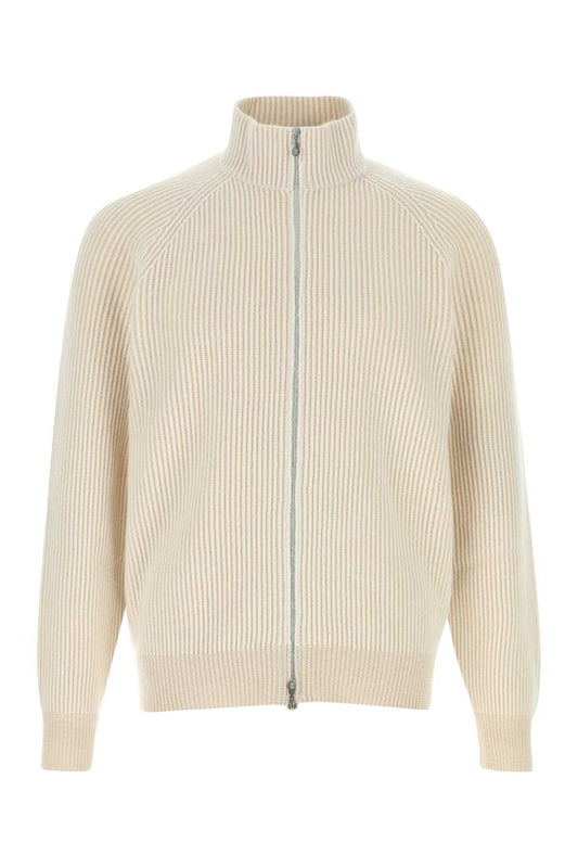 Brunello Cucinelli Ribbed Cashmere Cardigan — Beige