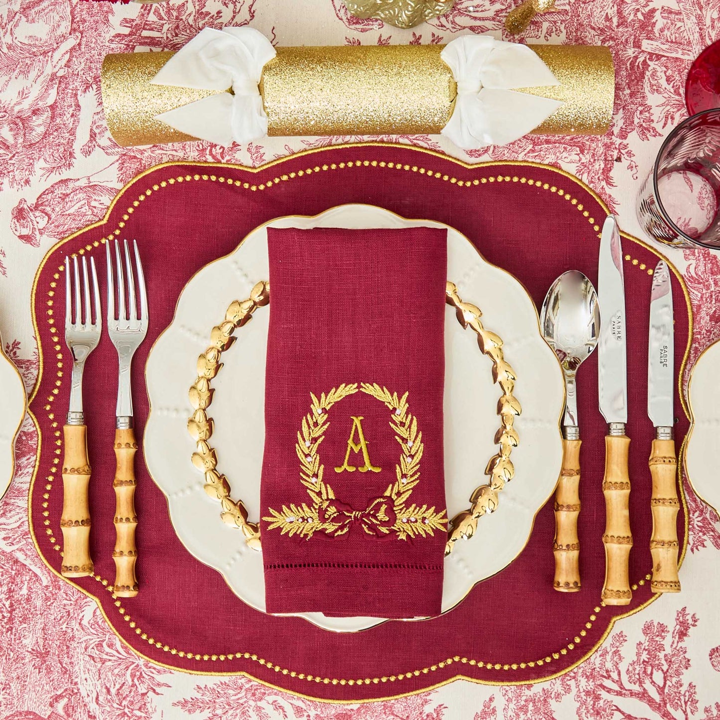 Burgundy Gold Bow Garland Linen Napkins (Set of 4)