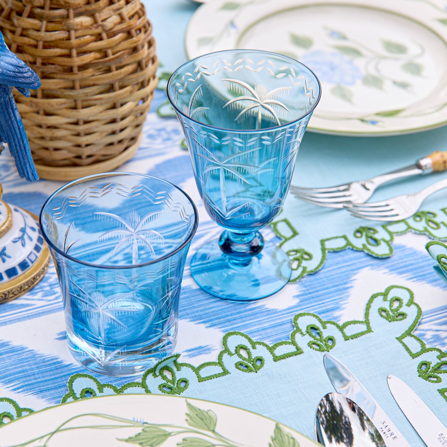 Blue Palm Water Glasses (Set of 4)