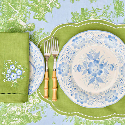 Green Eloise Linen Placemats & Floral Embroidered Napkins (Set of 4)