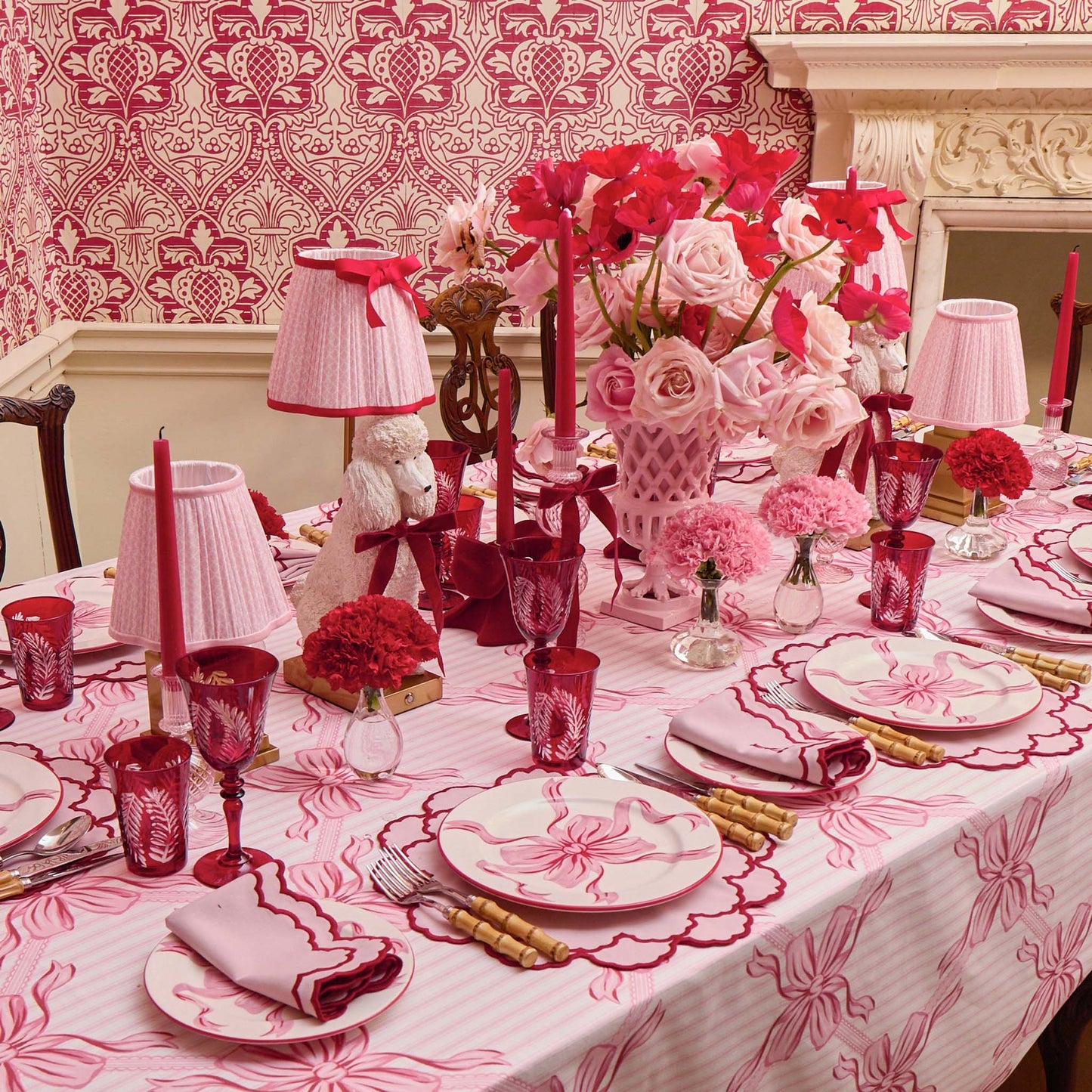 Audrey Pink & Red Bow Dinner & Starter Plates (Set of 8)