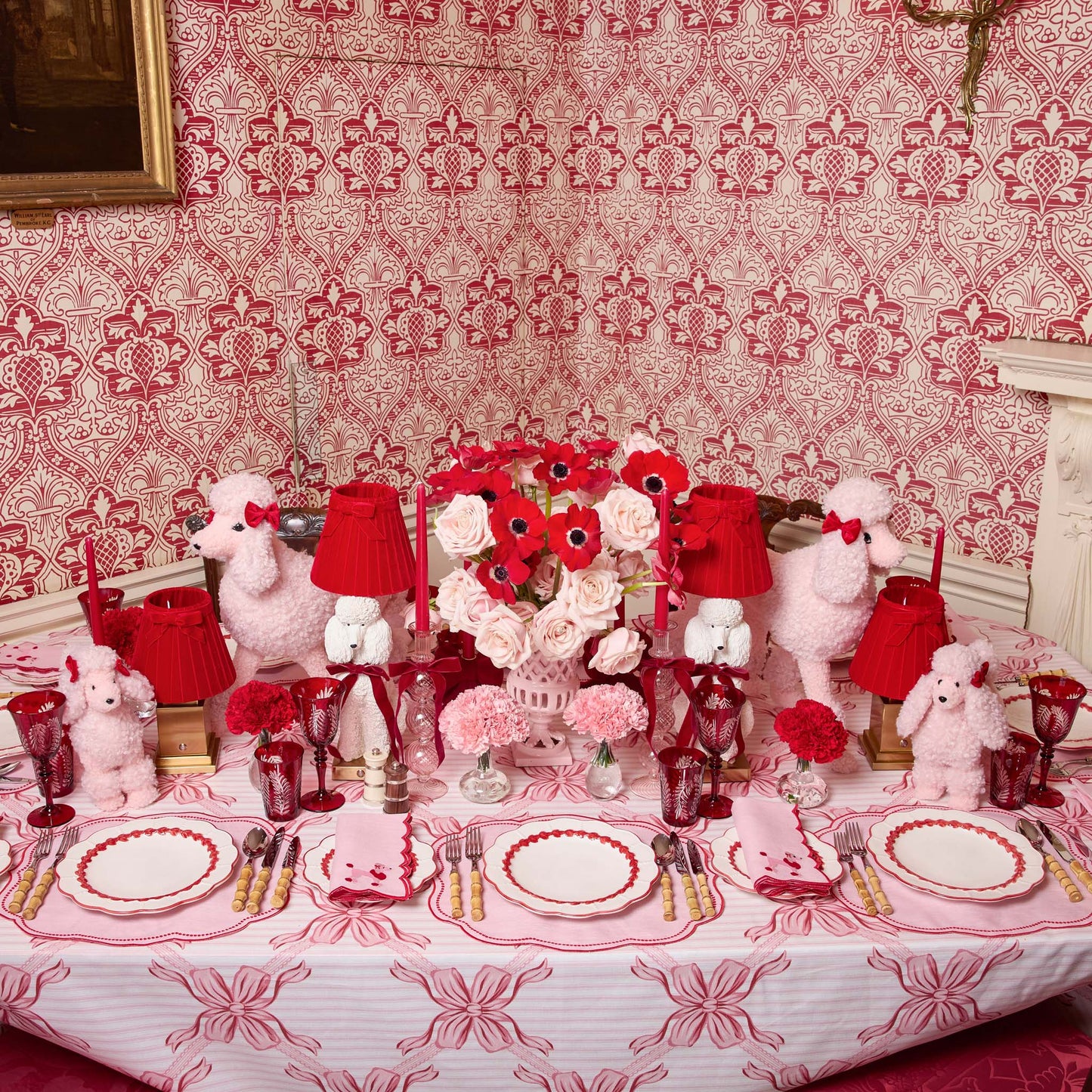 Pink & Red Eloise Linen Placemats & Fifi Poodle Napkins (Set of 4)