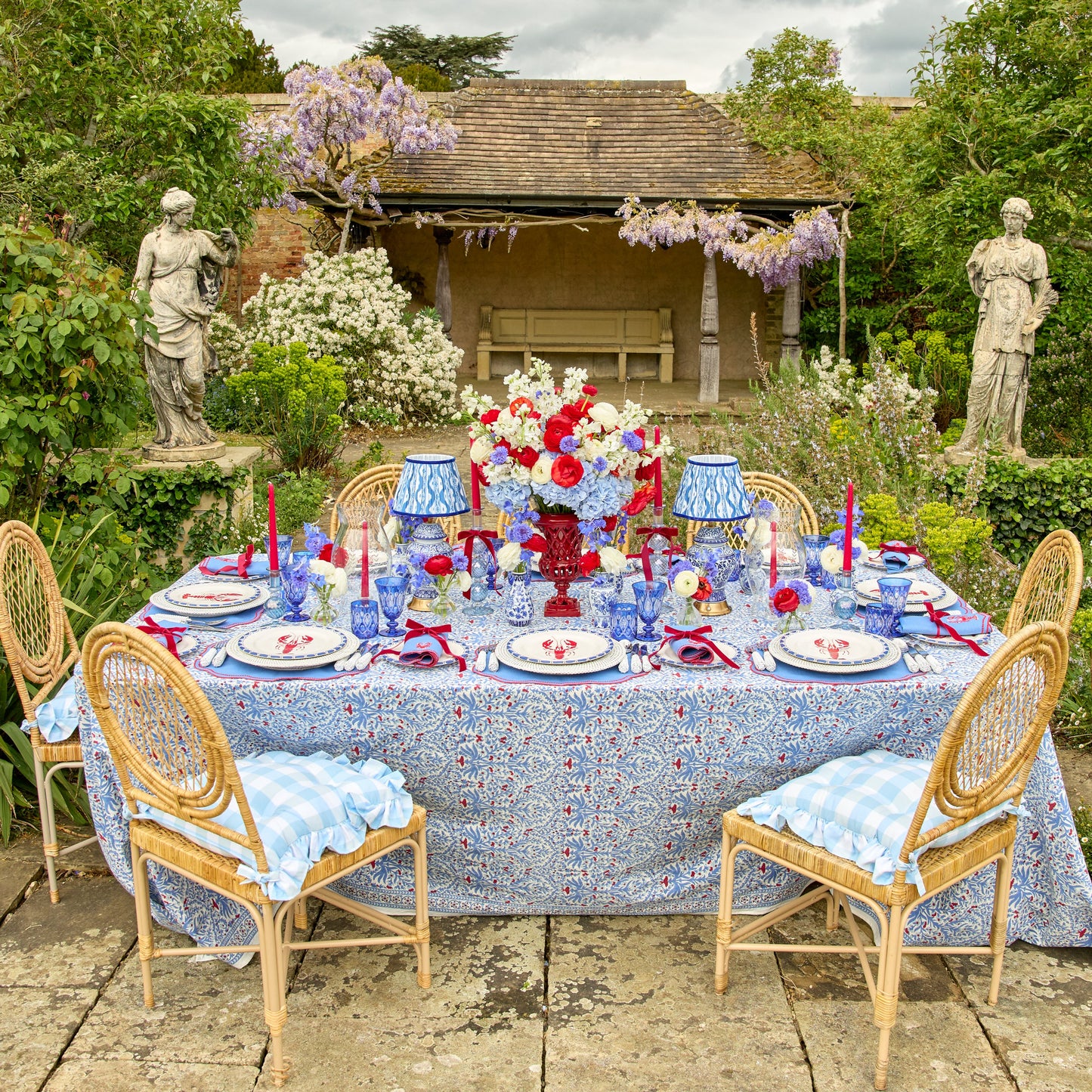Blue & Red Eloise Linen Placemats & Lobster Napkins (Set of 4)