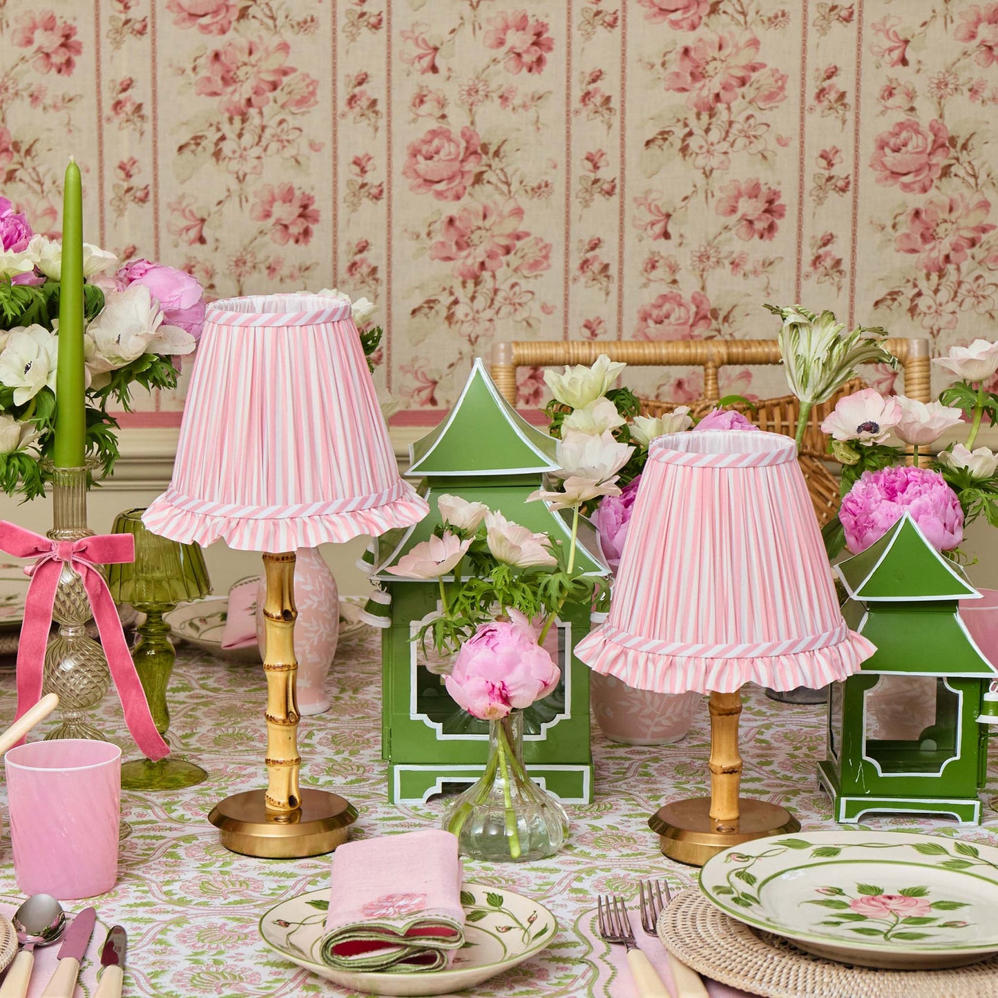 Bamboo Rechargeable Lamp with Pink Stripe Ruffle Shade (18cm)