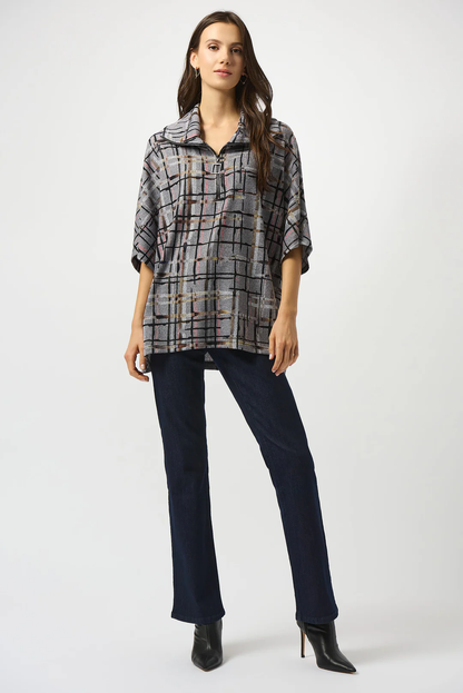 Joseph Ribkoff Grey/Multi Plaid Print Zipped Collar Sweater Top 253058