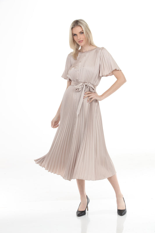 Joseph Ribkoff Sand Pleated Satin Midi Fit and Flare Dress 261752