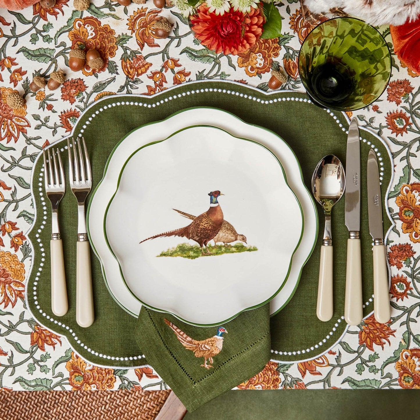 Forest Green Pheasant Linen Napkins (Set of 4)