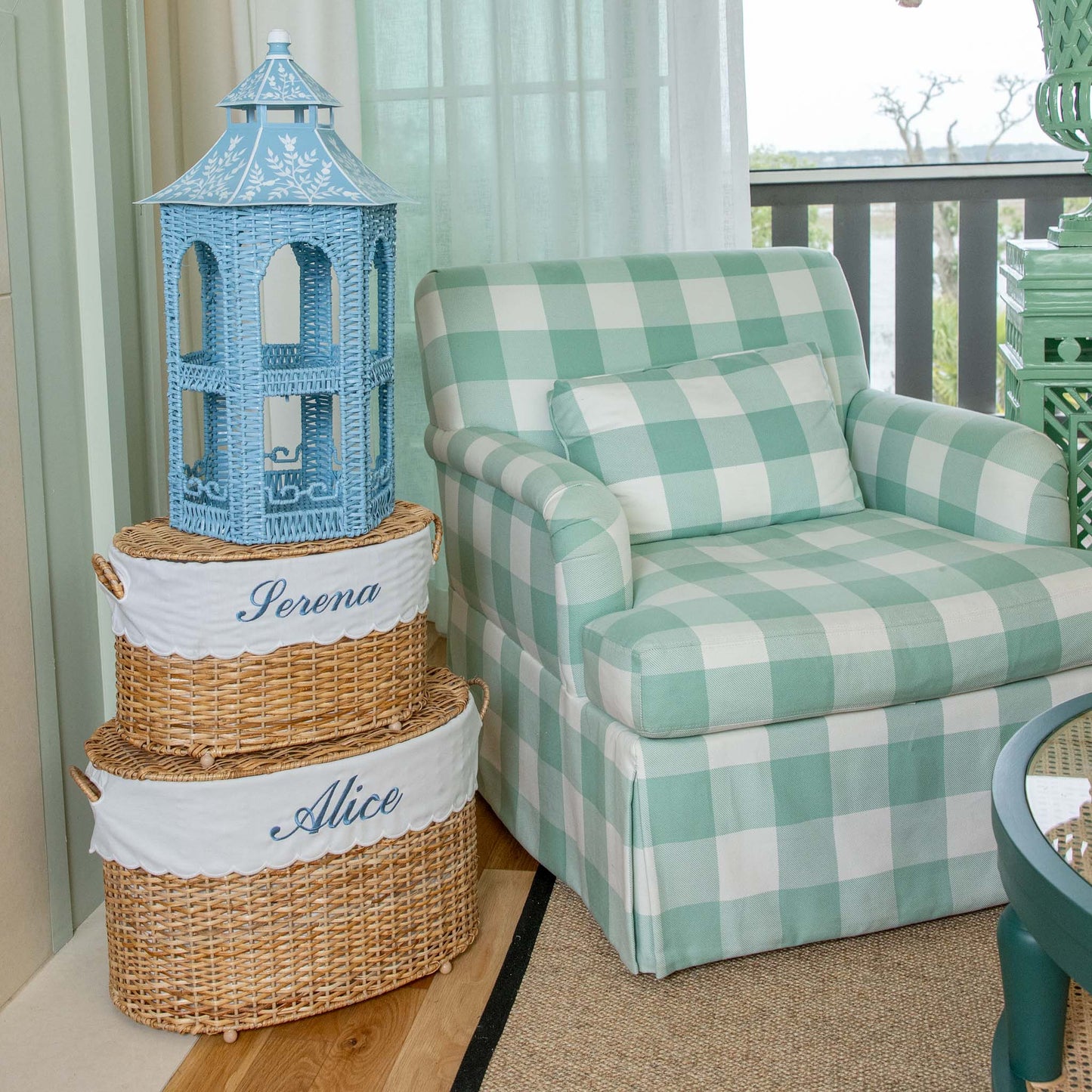 Blue Rattan & Tole Two Tier Pagoda Stand