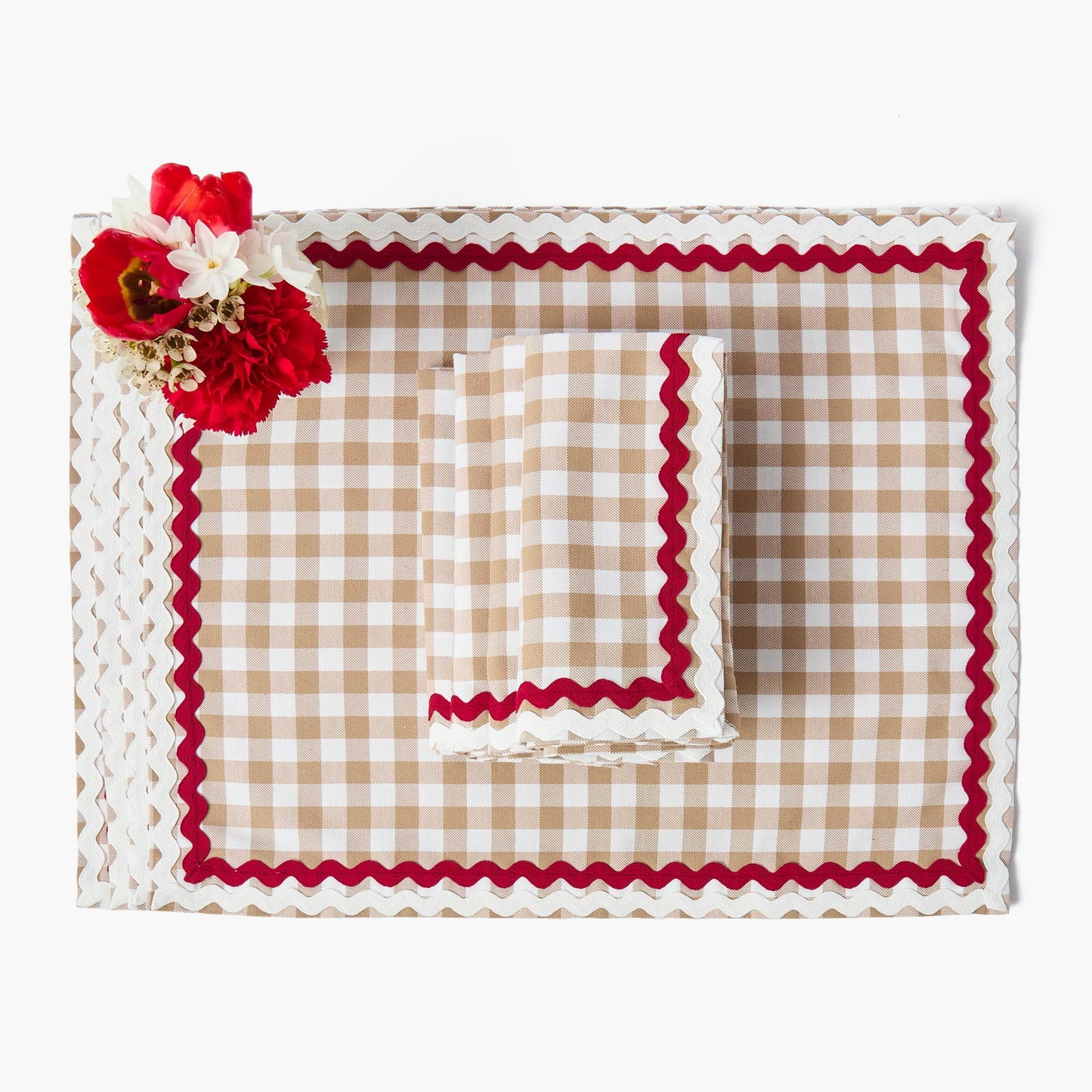 Putty Gingham & Red Rossina Placemats & Napkins (Set of 4)