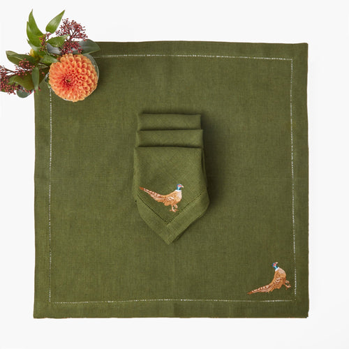 Forest Green Pheasant Linen Napkins (Set of 4)