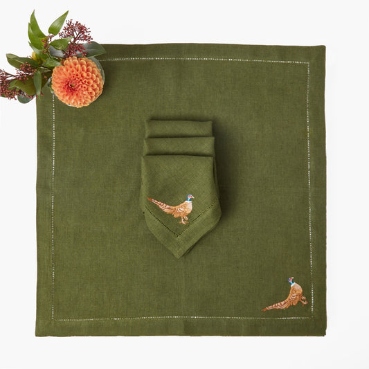 Forest Green Pheasant Linen Napkins (Set of 4)