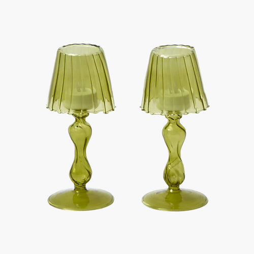 Olive Glass Lantern Tea Light Holder (Pair) - 18 cm