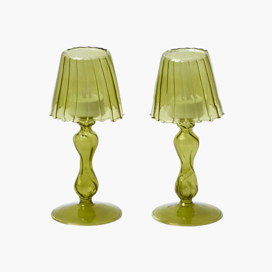 Olive Glass Lantern Tea Light Holder (Pair) - 18 cm