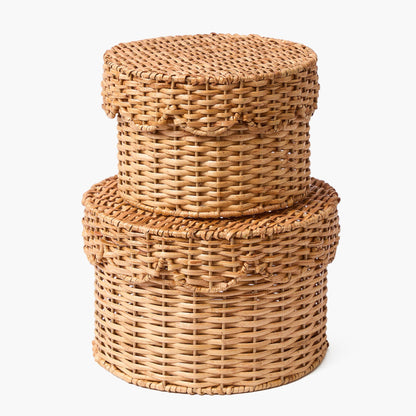 Scalloped Round Lidded Rattan Box - Small