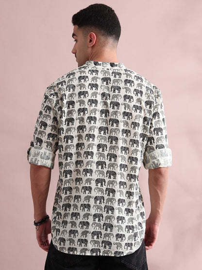 Animal Printed Band Collar Pure Cotton Short Kurta