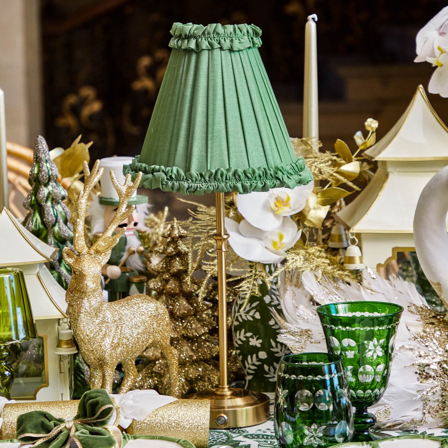 Edie Rechargeable Lamp with Green Frilled Silk Shade (18cm)