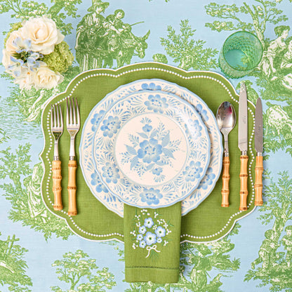 Green Eloise Linen Placemats & Floral Embroidered Napkins (Set of 4)