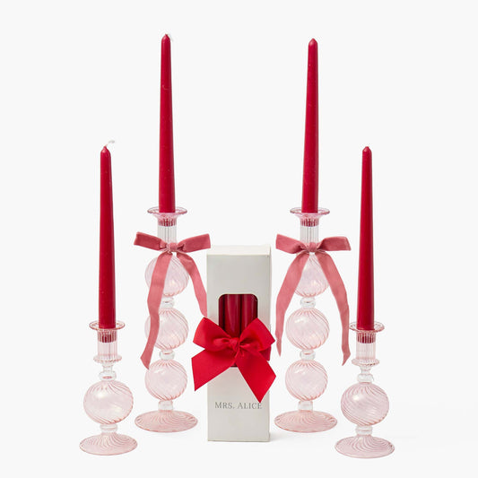 Red Ribboned Camille Peony Candle Holder Set