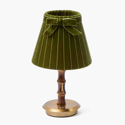 Burnt Bamboo Short Rechargeable Lamp with Olive Velvet Bow Shade (18cm)